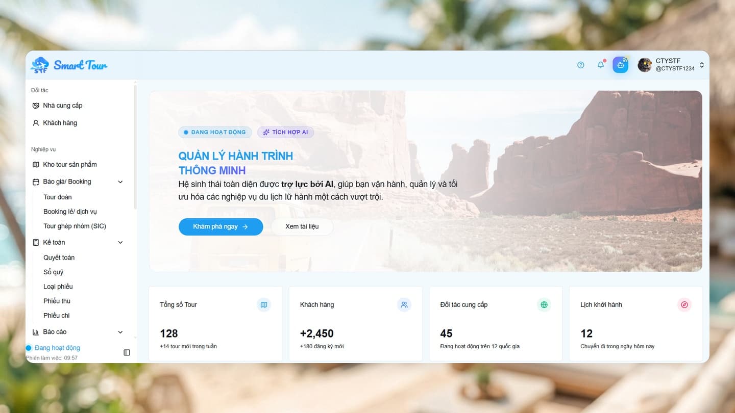 Giao diện Smart Tour quản lý tour, booking và điều hành lữ hành